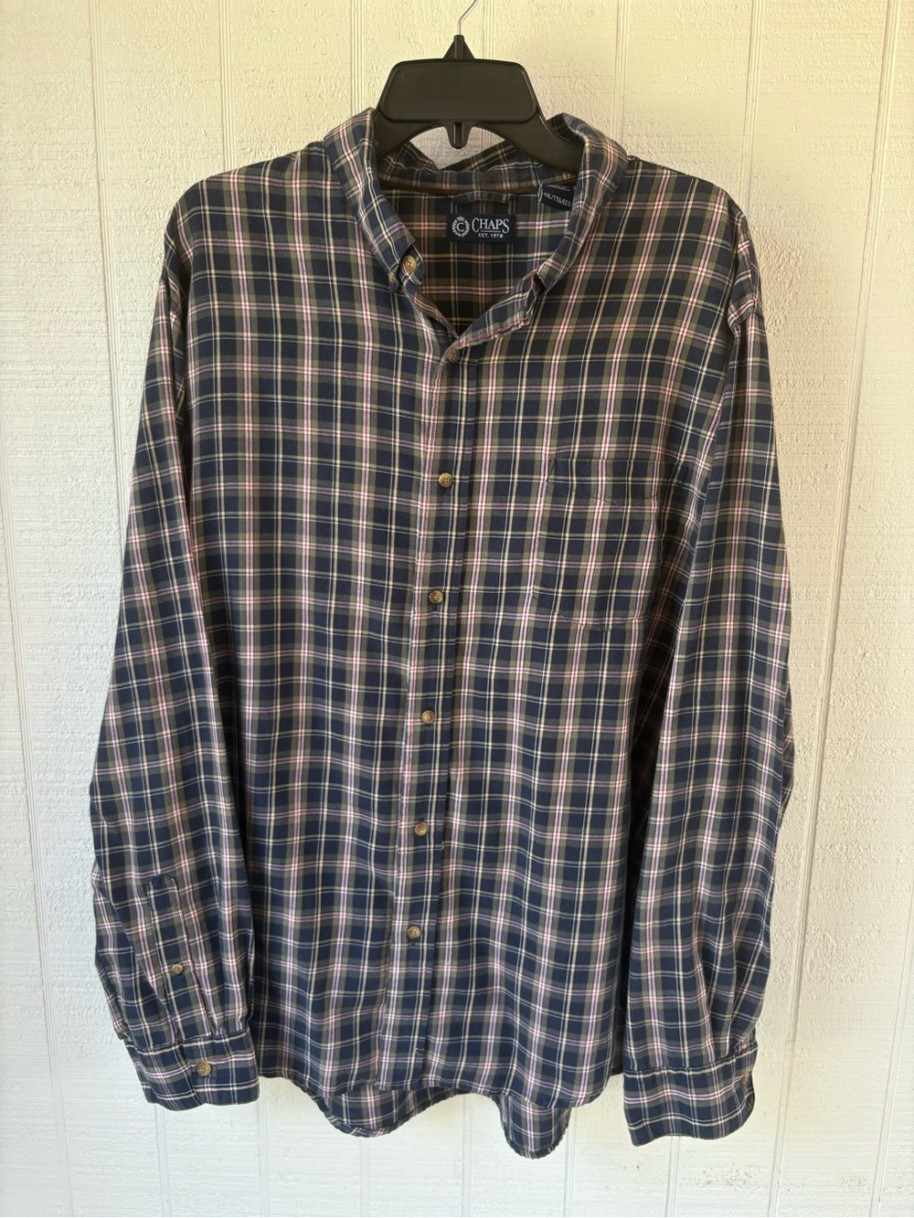 Chaps Navy Plaid Button-Down Shirt with White & Pink Accents